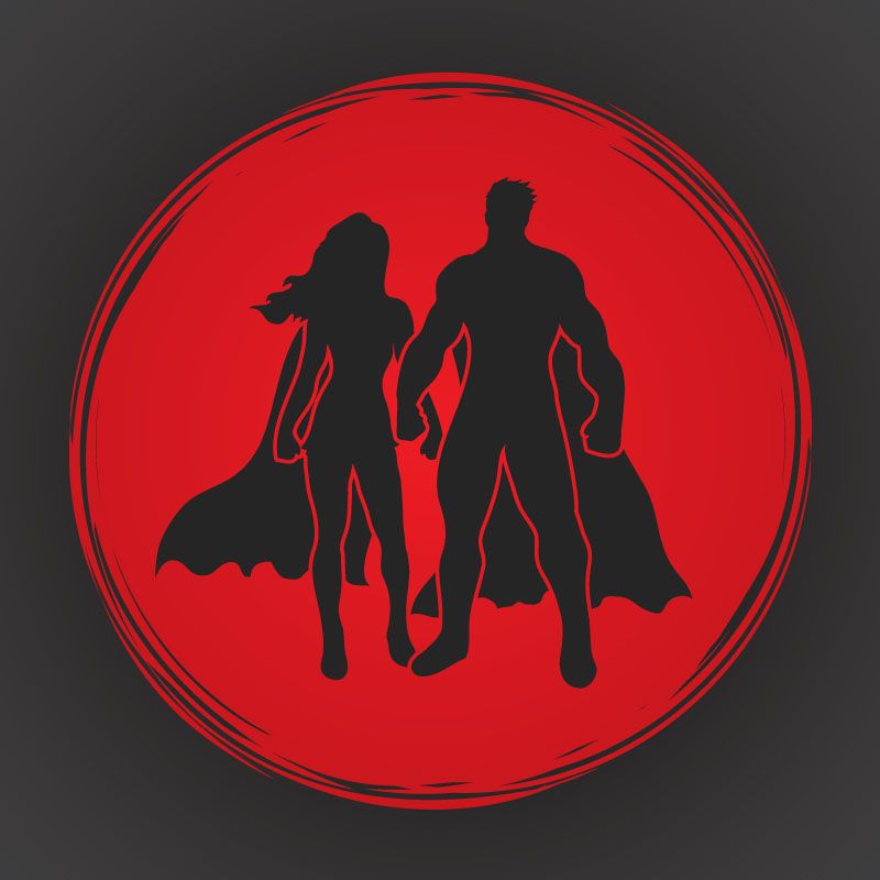 Ilustración de siluetas de superhéroes sobre un fondo circular rojo