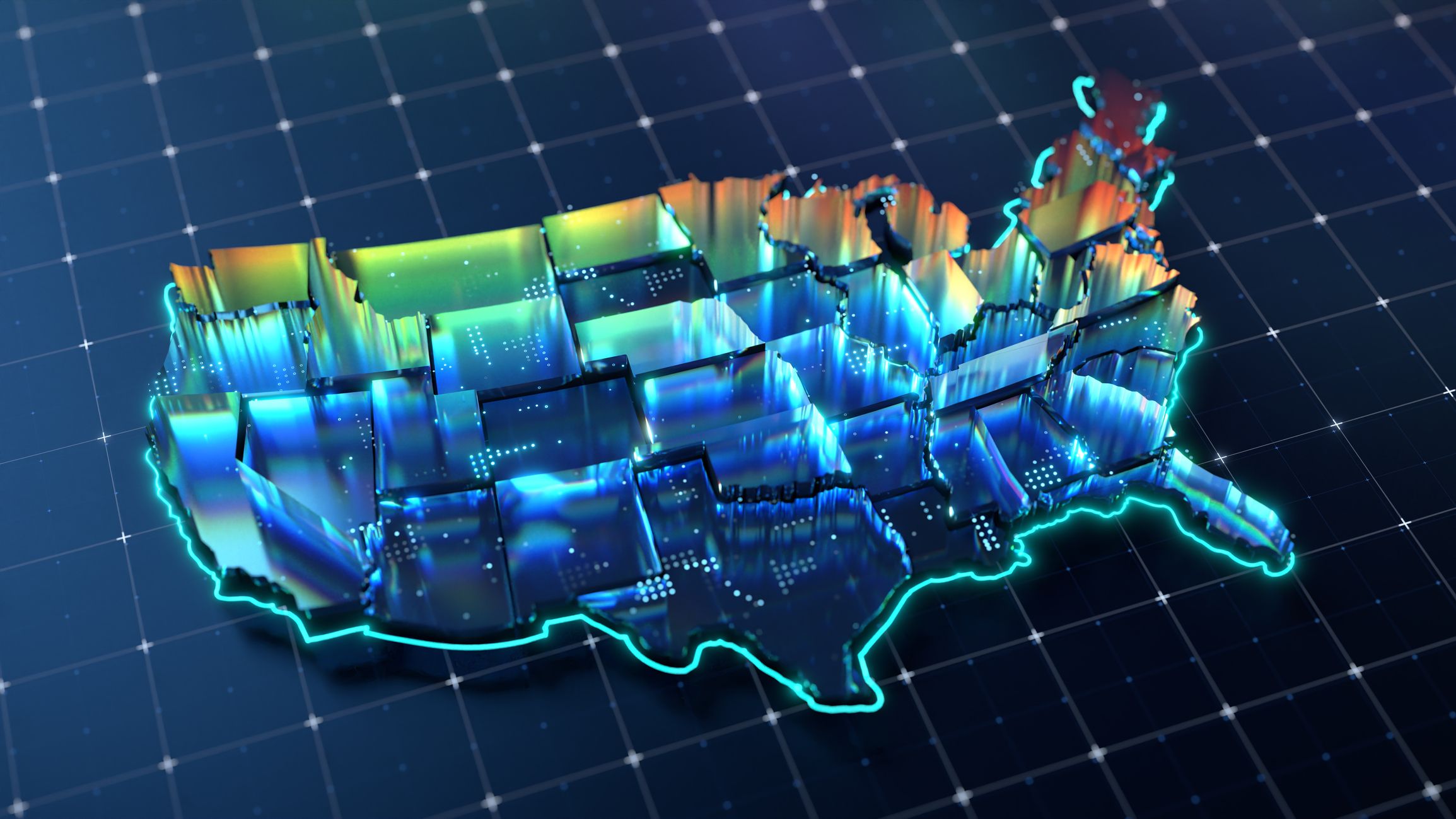 Un brillante mapa de neón 3D de los EE. UU., donde cada estado parece estar hecho de trozos de vidrio.