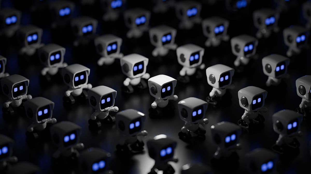 Filas de pequeños robots adorables en luz tenue.