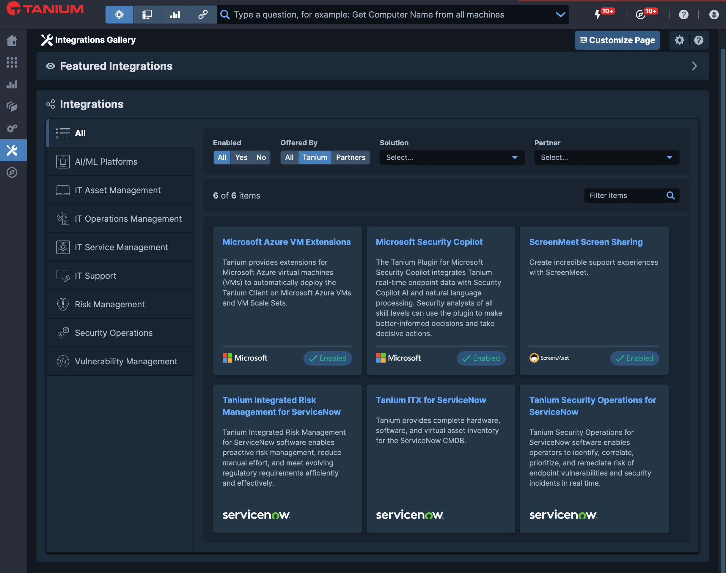 Screenshot of Tanium Integrations Gallery