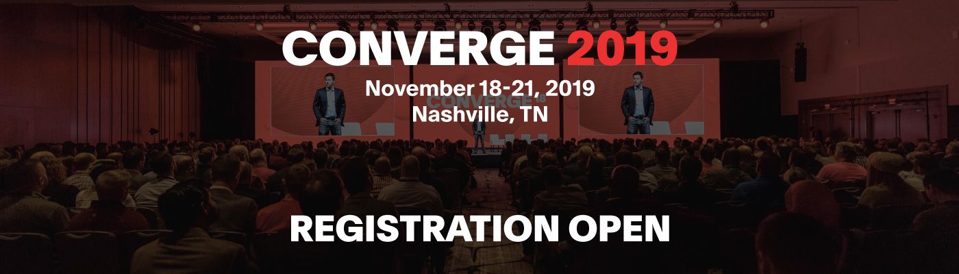 Cartel promocional de CONVERGE 2019 en el que se indican las fechas de la conferencia en Nashville