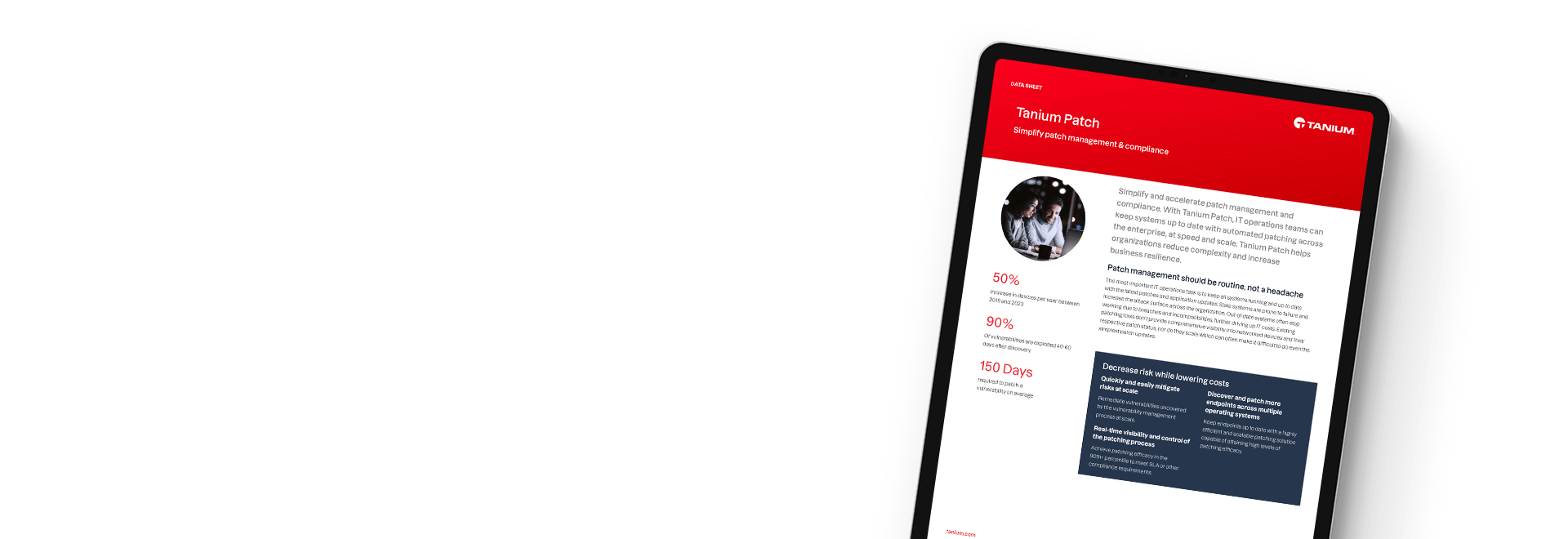Tableta que muestra la hoja de datos de Tanium Patch con estadísticas de gestión de parches