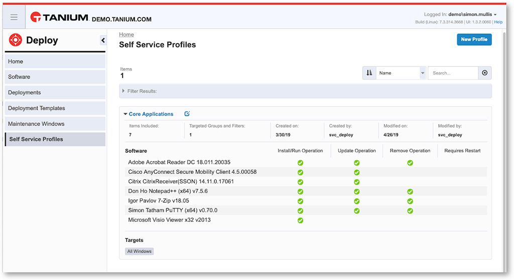 Captura de pantalla de «Tanium Deploy Self Service Profiles» en la que se muestran las aplicaciones principales y las operaciones de implementación para la distribución de software