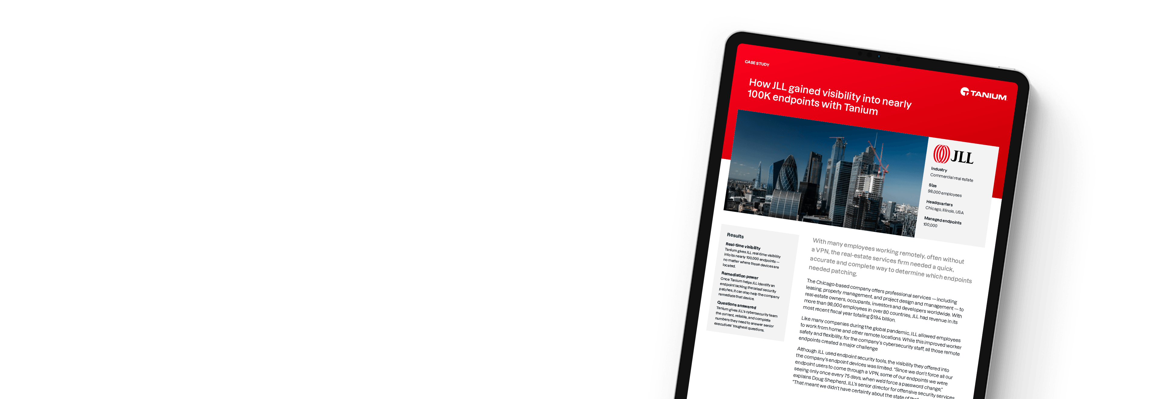Tableta que muestra el caso de estudio 'Cómo JLL obtuvo visibilidad de casi 100.000 endpoints con Tanium'